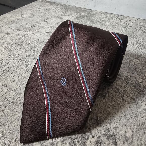 CHRISTIAN DIOR Vintage Brown Diagonal Stripe Print Silk Poly Blend Tie Y2K - Picture 4 of 8
